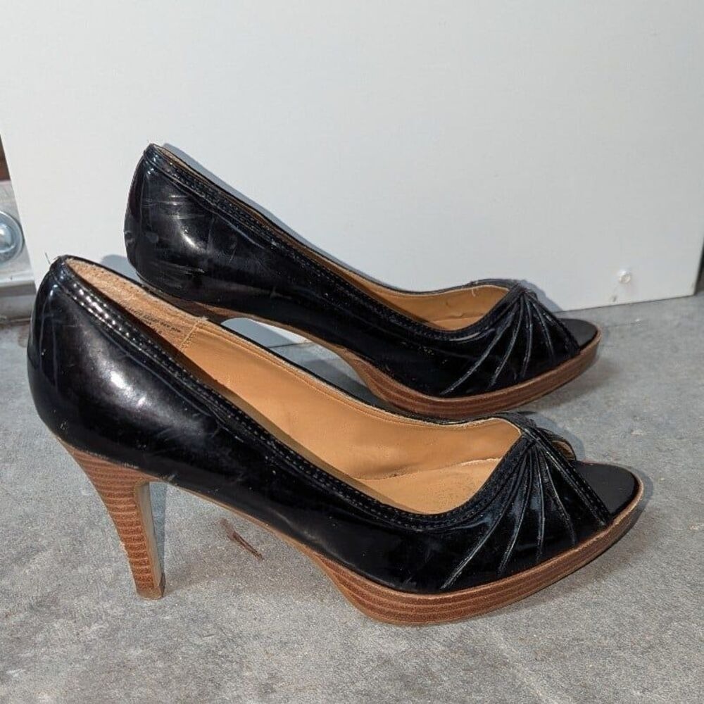 Y2K Pinup Peep Toe Heels Black Patent Pumps Apostrophe‎ Size 9.5M Payton